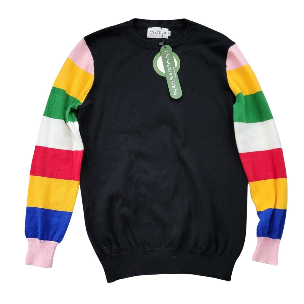 Oxknit Sweater Womens S Rainbow Stripe Black Retro 70s 80s Cotton Colorful Mod